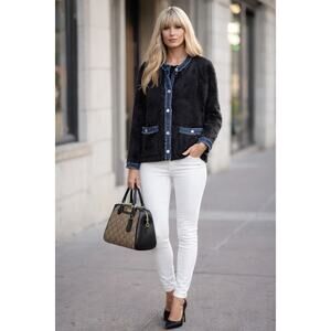 MSRP $110 ✨ MUESTRARIOS (from Spain!) Fuzzy DenimTrim Sweater Jacket Size S/M ✨